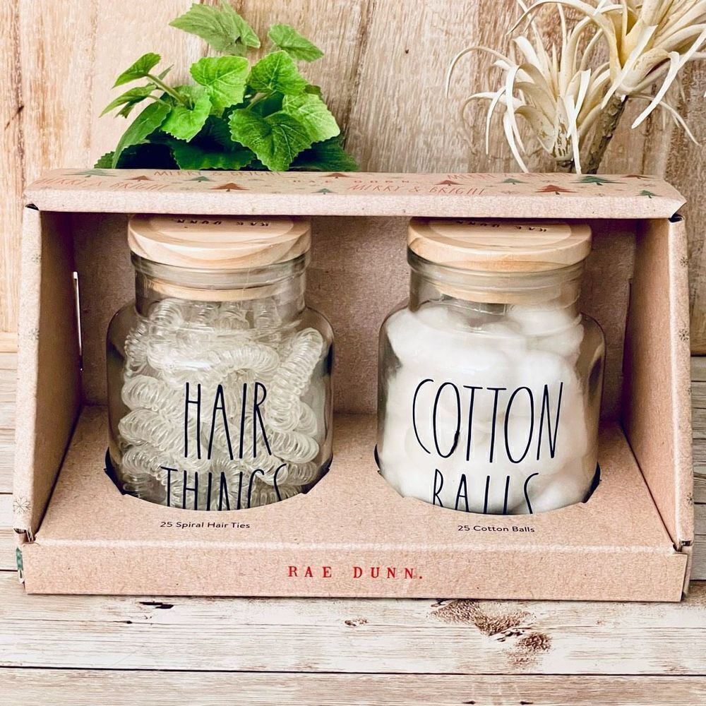 NWT Rae Dunn HAIR THINGS COTTON BALLS Spiral Hair Ties 25 each 2 Jar set w lids